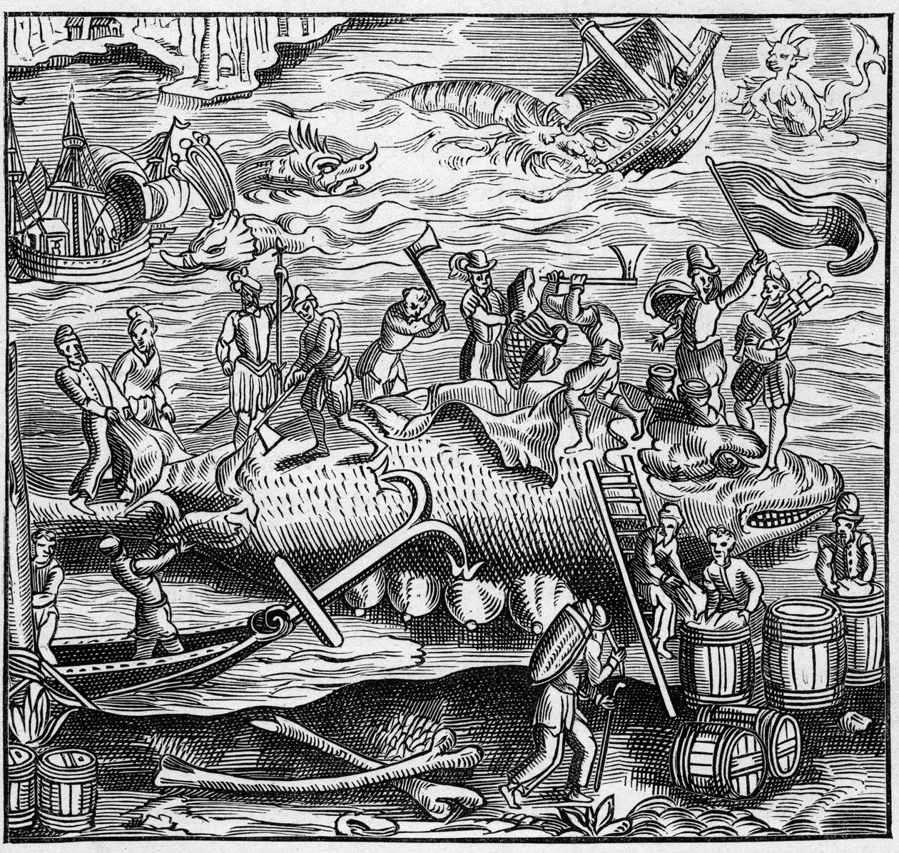 中世の大西洋のフランス海岸での鯨漁。エングレービング "La Marine et les colonies: commerce" より 作： フランス語学校