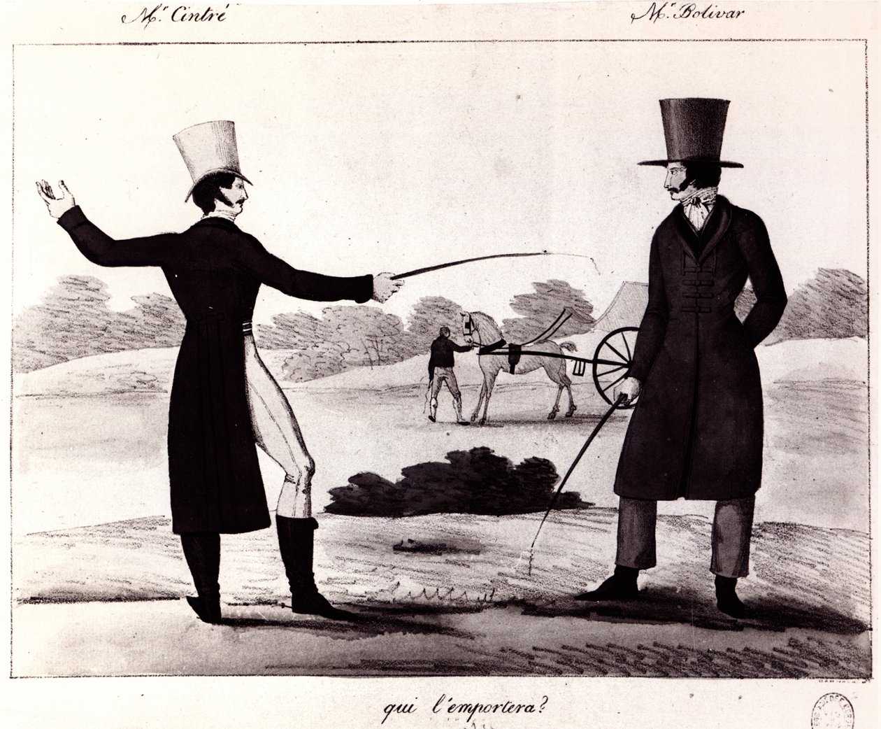 誰が勝つ？ M.シントレとM.ボリバーの間の決闘のシーン、1820年頃 作： フランス語学校