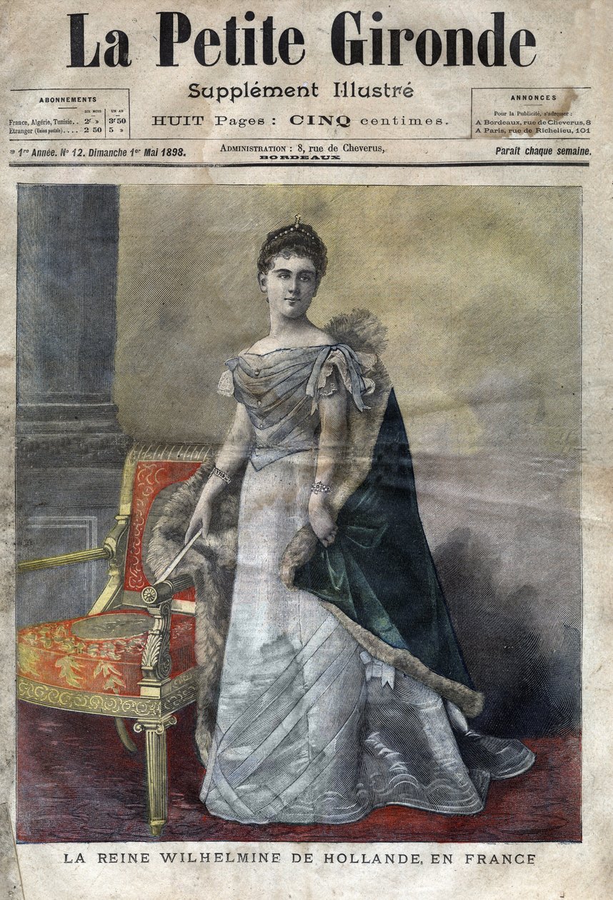 ウィリアム3世の娘で、1890年から1948年までオランダの女王を務めたヴィルヘルミネ・オブ・オレンジ・ナッソー（1880-1962）は、娘のユリアナのために退位した。1898年5月の "La petite Gironde "の表紙（エングレービング 作： フランス語学校