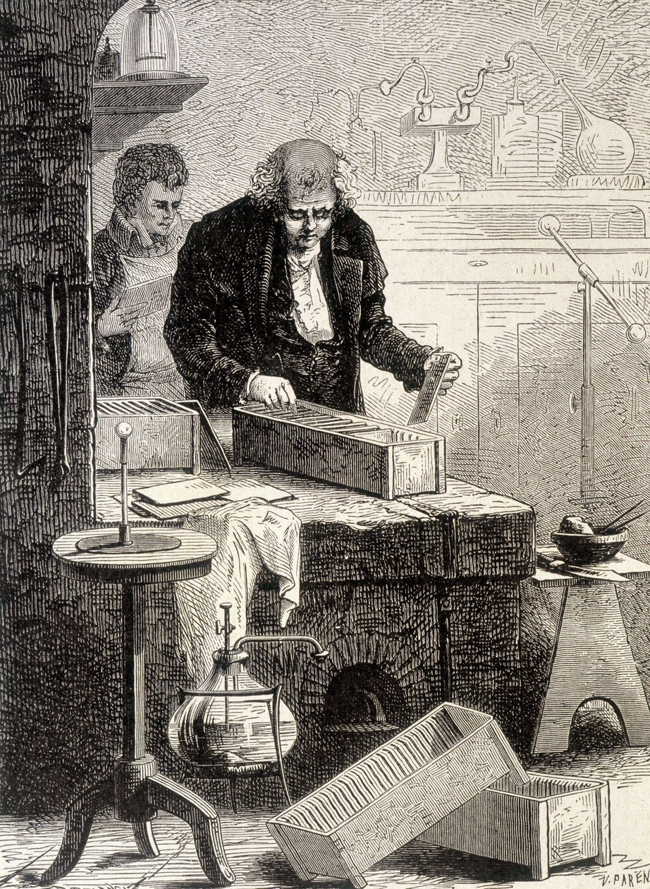 ウィリアム・クルックシャンクがトラフの山を作った。1896年の "Album of Science; illustrious scholars; Great Discoveries "に掲載されている。 作： フランス語学校