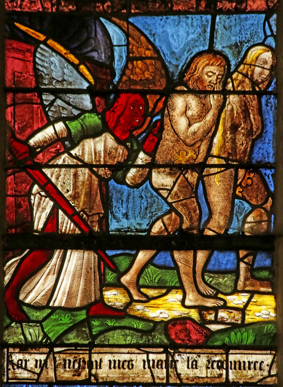 エデンの園から追放されたアダムとイブを描いた窓（ステンドグラス 作： フランス語学校