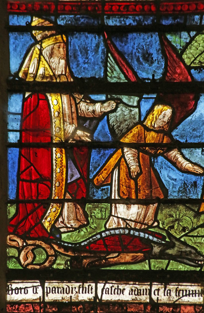 神が蛇を呪う様子を描いた窓（ステンドグラス 作： フランス語学校