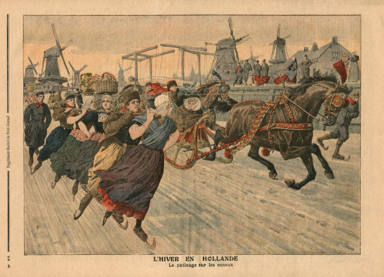 オランダの冬、運河でスケート、「ルプチジャーナル」のイラスト、サプリメントイラストレーター、1907年1月13日（カラーリソ） 作： フランス語学校