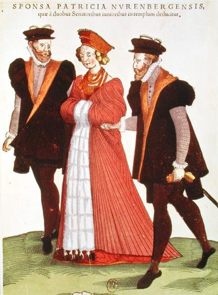 2人の上院議員によってテンプルに護衛されているニュルンブルクの女性、1572年 作： フランス語学校