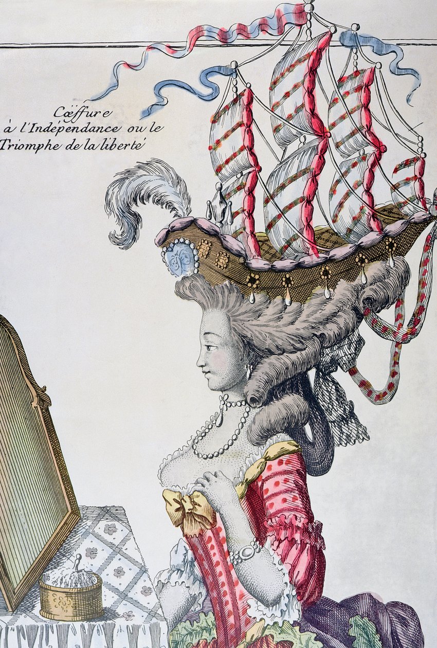 ベルプールの髪型のデイドレスを着た女性、アメリカ独立期、1779〜80年 作： フランス語学校