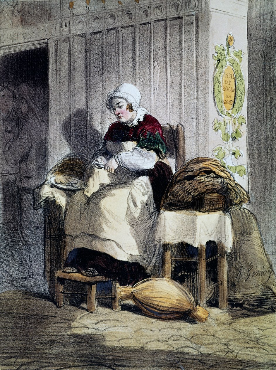 牡蠣を開ける女性（エカイユ）、「パリの女性」シリーズのプリント、フランス 作： フランス語学校