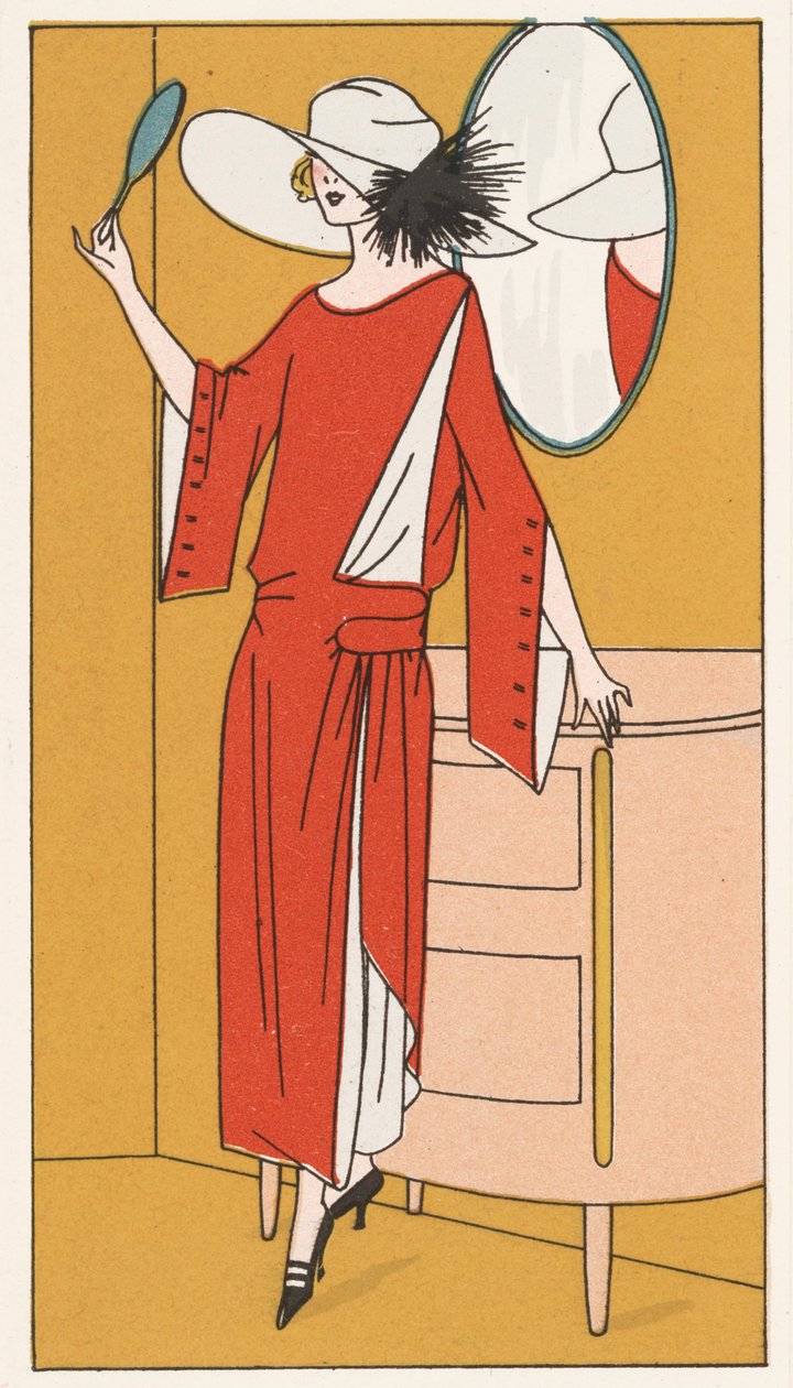 1920年代、赤い縮緬のドレスと白い帽子を身につけた女性（カラー・リトグラフ） 作： フランス語学校