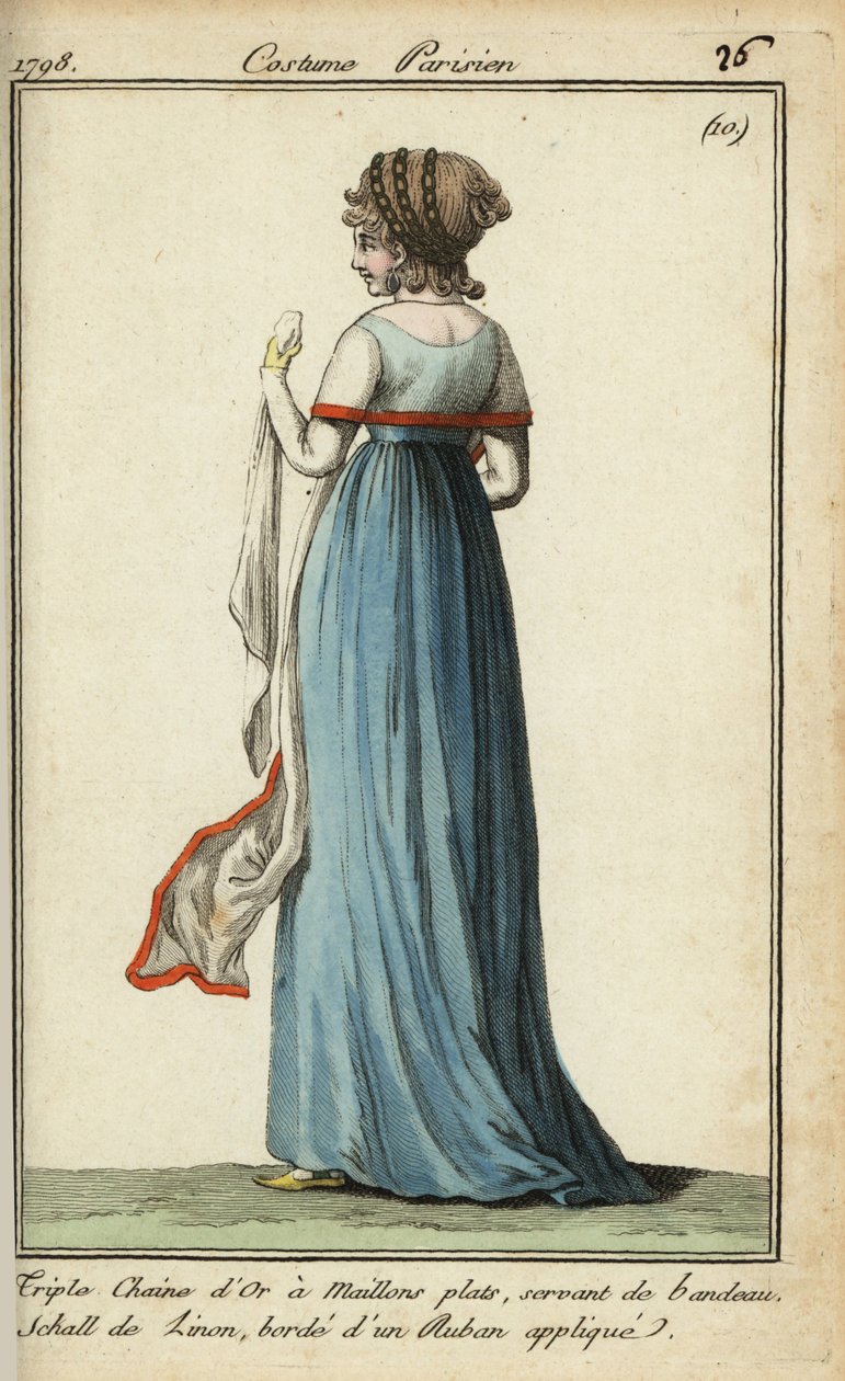 1798年のファッションでシースルーのショールを着た女性（手彩色銅版画 作： フランス語学校