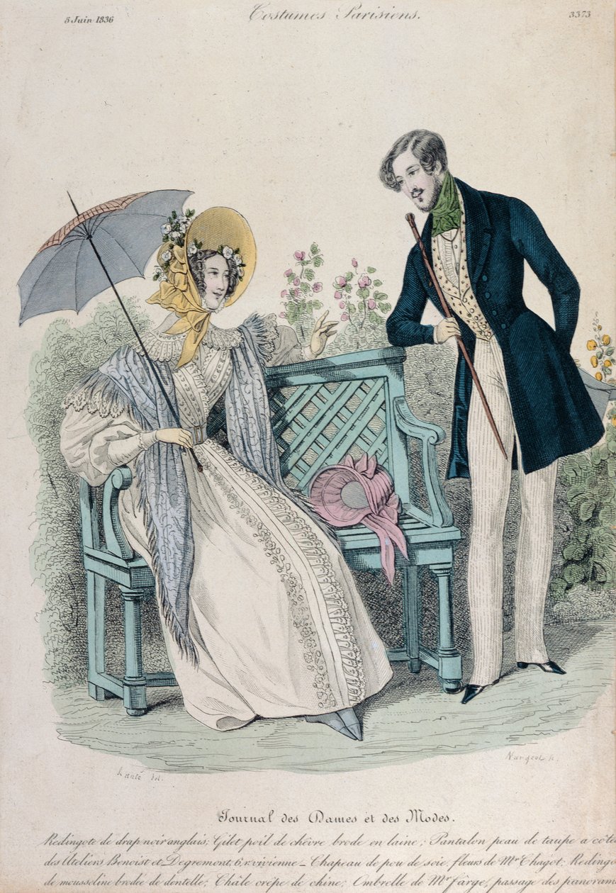 1836年6月5日、Journal des Dames et des Modesのファッションプレート、庭でフロックコートを着た男と傘を持つ女性 作： フランス語学校