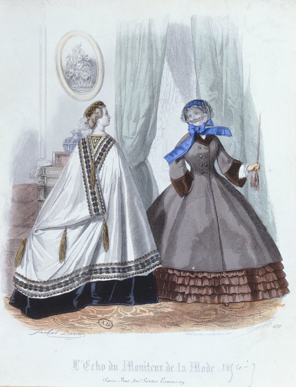 ケープとコートを着た女性、LEcho du Moniteur de la Mode、1856-7年のファッションプレート 作： フランス語学校