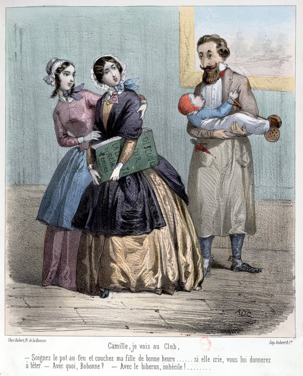 彼らがクラブに行く間、子供を世話するために夫を去る女性、1848 作： フランス語学校