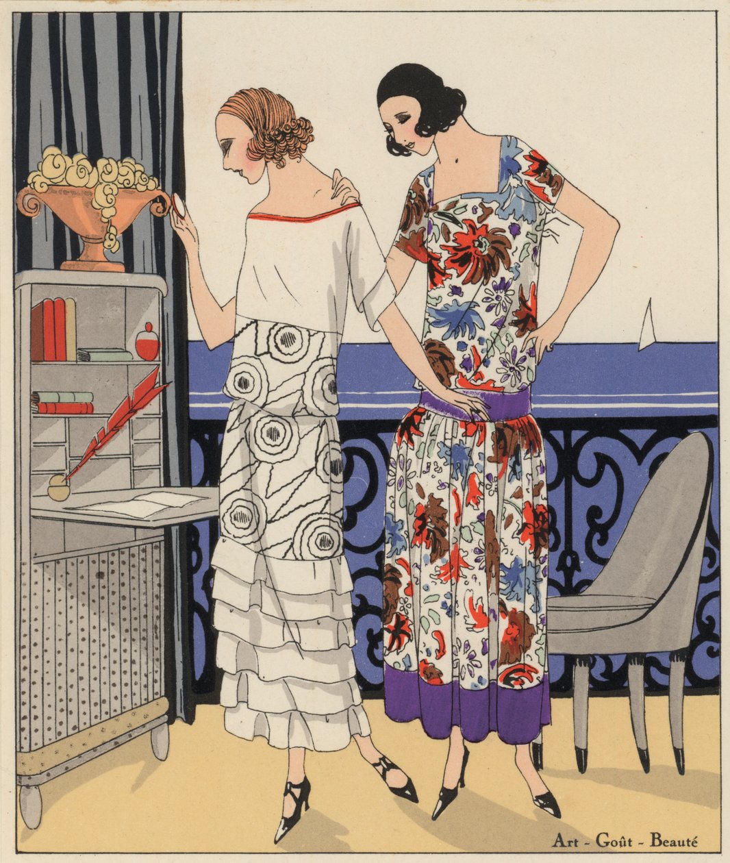 デザイナー、フィリップとガストン、マルシャルとアルマンによる1920年代の女性ファッション。(カラーリトグラフ） 作： フランス語学校