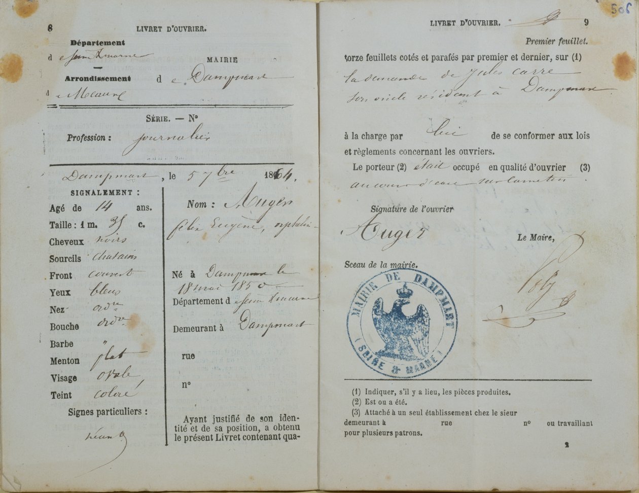 DampmartのMairieがFelix Augerに発行した労働者向けハンドブック（b.1850）、1864年 作： フランス語学校