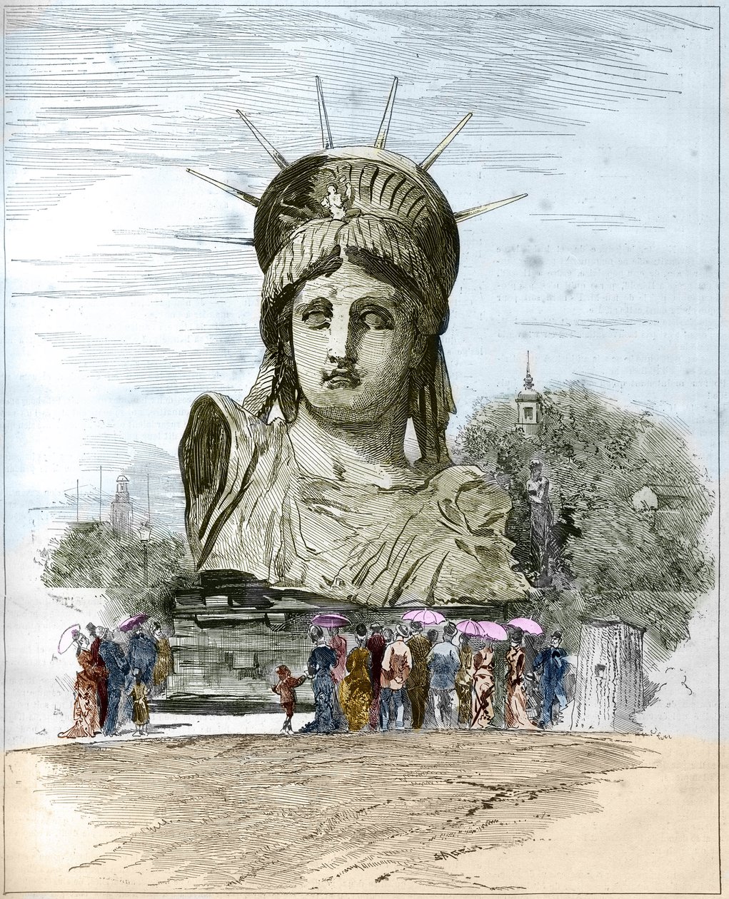 1878年のパリ万国博覧会：フレデリック・オーギュスト・バルトルディ（1834-1904）による自由の女神像の頭部。1878年7月13日付の「イラストレーション・ワールド」1111号に掲載されたエドゥガルド・モランによるエングレーヴィング。 作： フランス語学校