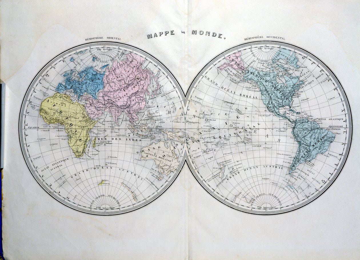 世界地図、プロスパーオーギュストプーランドボセー作のAtlas Geographique Moderneのイラスト、1850年頃 作： フランス語学校