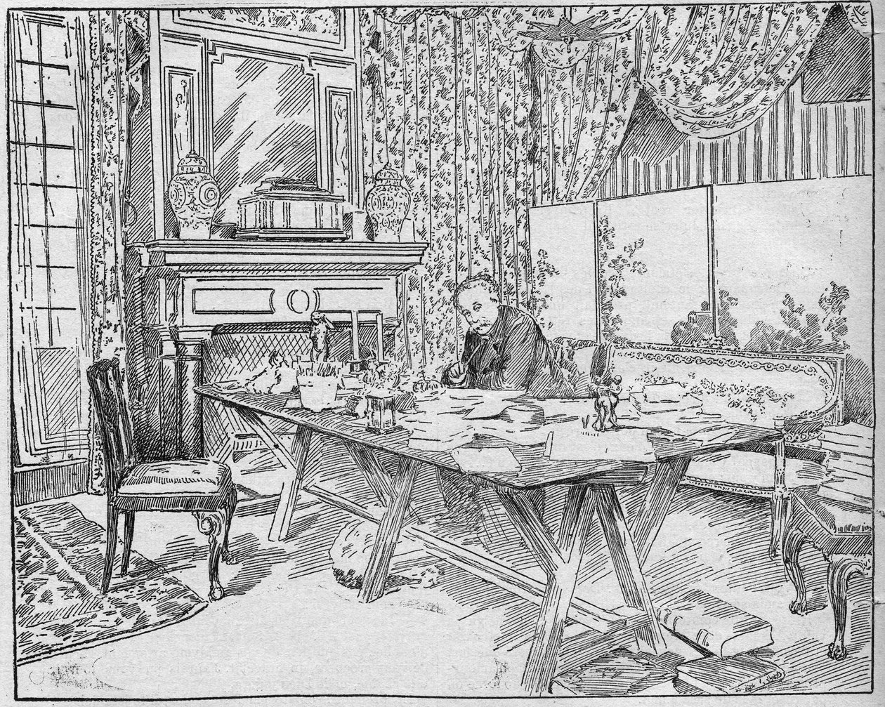 作家のアレクサンドラ・デュマ・ジュニア（1824-1895）の仕事場で。1895年12月12日の「La gazette du dimanche」に掲載されたエングレーヴィング。 作： フランス語学校