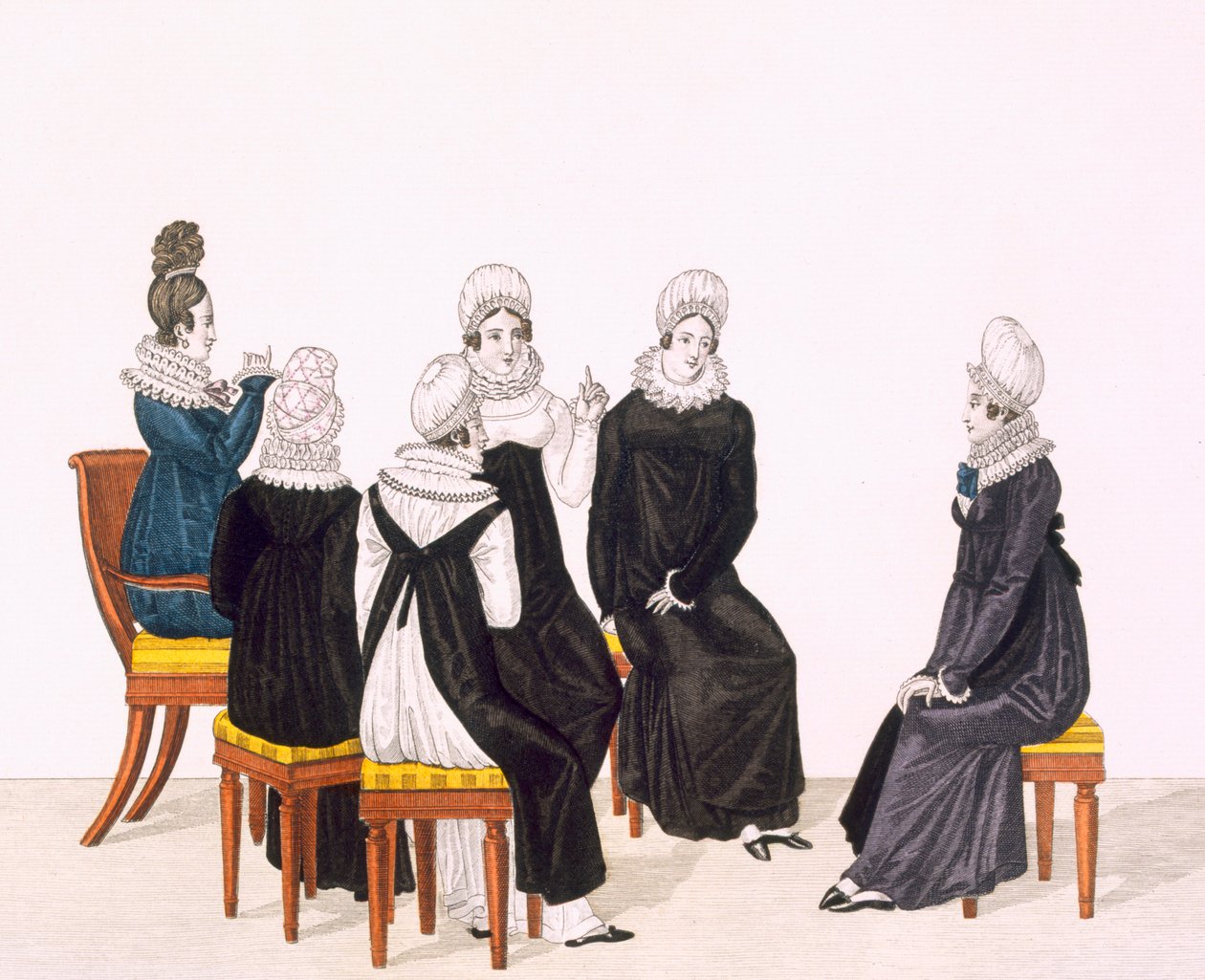若い女性のチャット、c。 1820（カラー彫刻） 作： フランス語学校