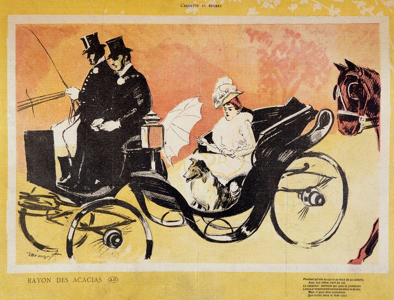 馬車の下敷きになった若い女性。"彼女が馬車の下に座って、犬がお尻を削っている間に、ピンベッシェを払う見栄っ張りのヘルパーは、おそらくデッシェの中に妻を残しているが、どちらも寝取られになると確信できる" - 描画 作： フランス語学校