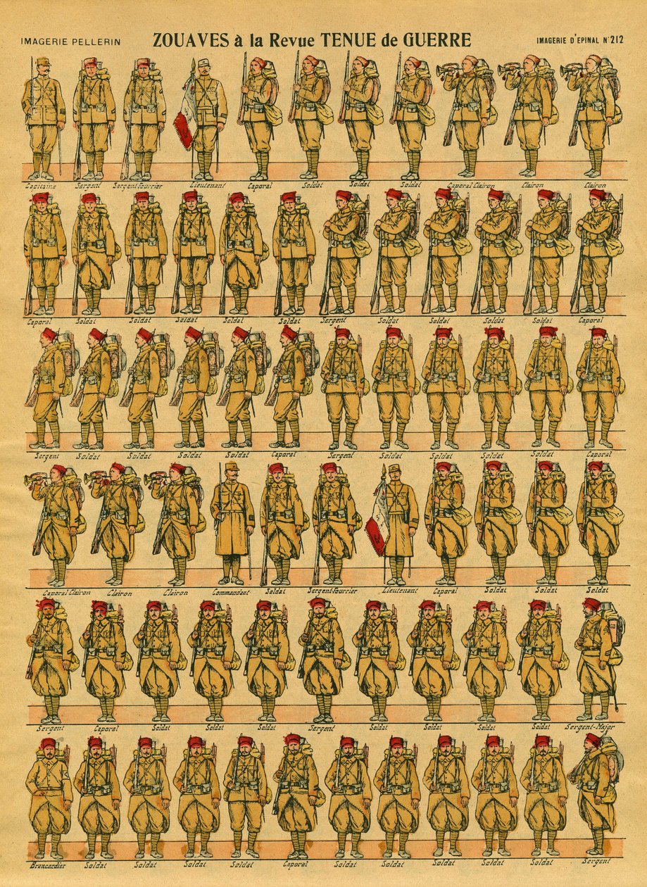 Zouavesは、1830年にClauzel将軍がアルジェリアの征服のために創設したフランス軍の歩兵部隊です。エピナル画像 作： フランス語学校