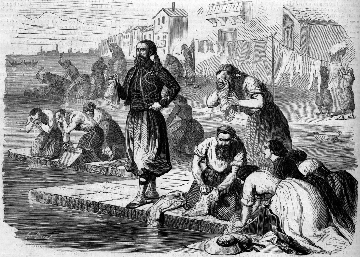 洗濯をするフランス軍のズエーヴたち。イタリア、1859年のリゾルジメント。1859年8月13日付「Le Monde Illustré」122号に掲載された版画。 作： フランス語学校