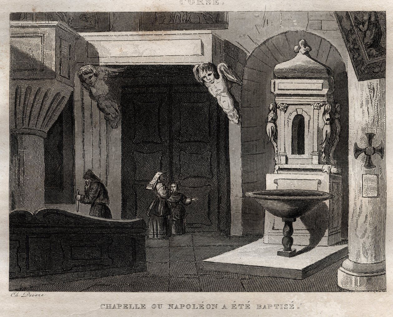 chapel where napoleon was baptized - chapel ou Napoleon a été baptise - M. de Norvins, Ch. Nodier 1834-1836による "Italy Picturesque" - History and Descriptive Painting of Italyからのエングレーヴィング。 作： フランス語学校