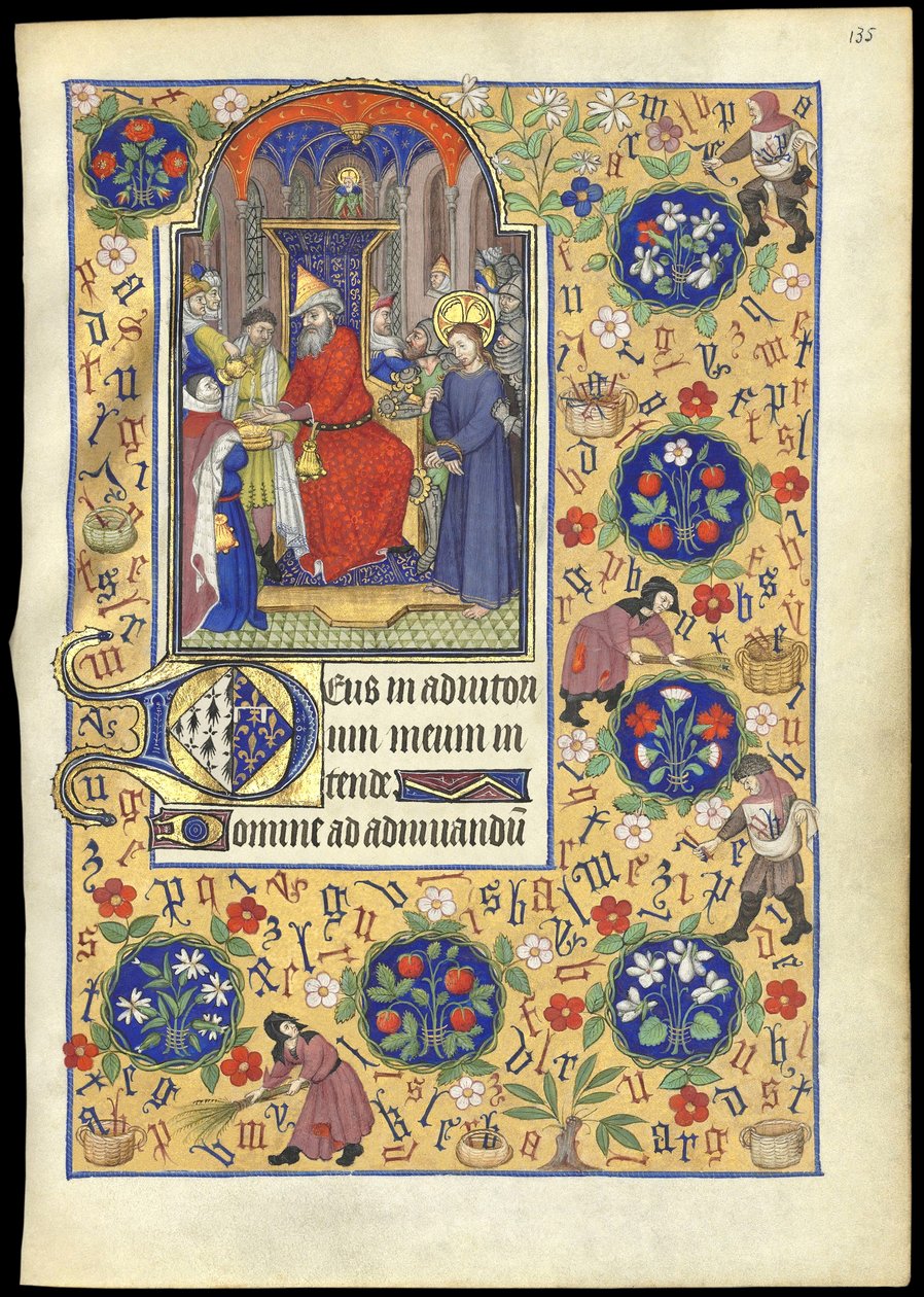 f.135r 「マルグリット・ドルレアンの時祷書」から、イエスの運命について手を洗うピラトのミニチュア 作： フランス語学校