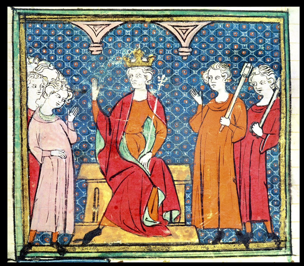 f.14v Childeric II（c.653-73）、Grandes Chroniques de France、1375-79からのオーストラリアのメロヴィング朝の王 作： フランス語学校