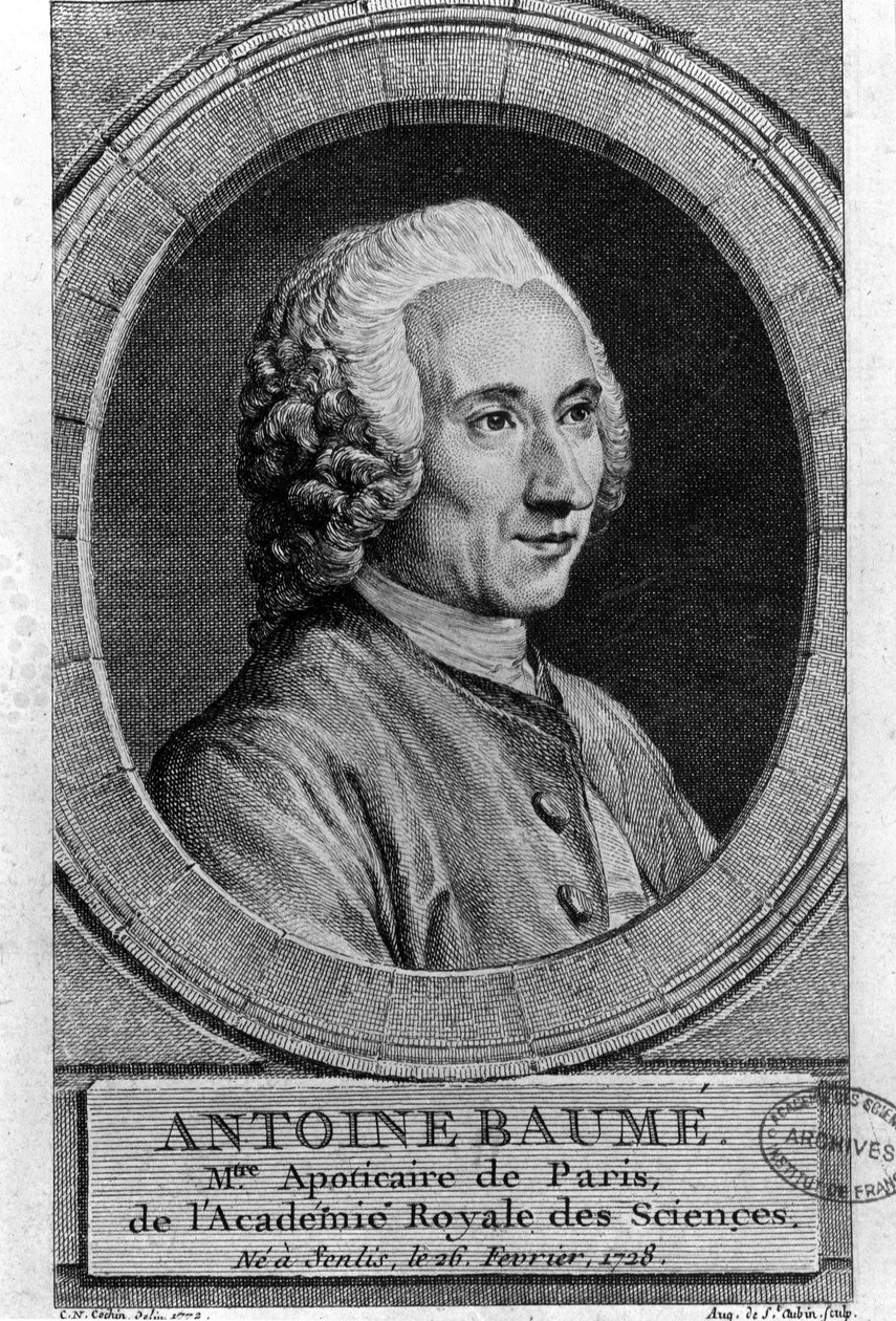 フランスの化学者・薬剤師、アントワーヌ・ボーメ（1728-1804）の肖像画。Apoticaire de Paris.1772年のエングレーヴィング。 作： フランス語学校