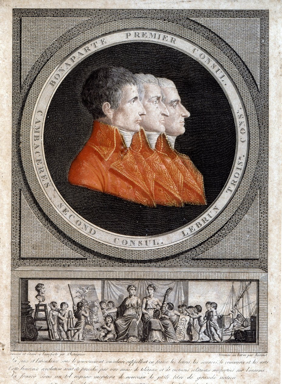 ナポレオン・ボナパルト（1769-1821）、ジャン・ジャック・レジス（Jean-Jacques-Regis）・ド・カンバセレス（1753-1824）、シャルル・フランソワ・ルブラン（1739-1824）の3人の領事の肖像" 作： フランス語学校