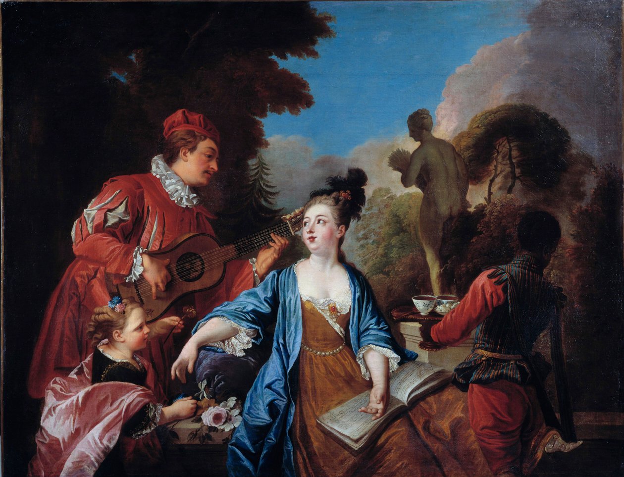 公園で味わう 貴族の若者が庭で若い黒人の召使にお茶を出してもらう