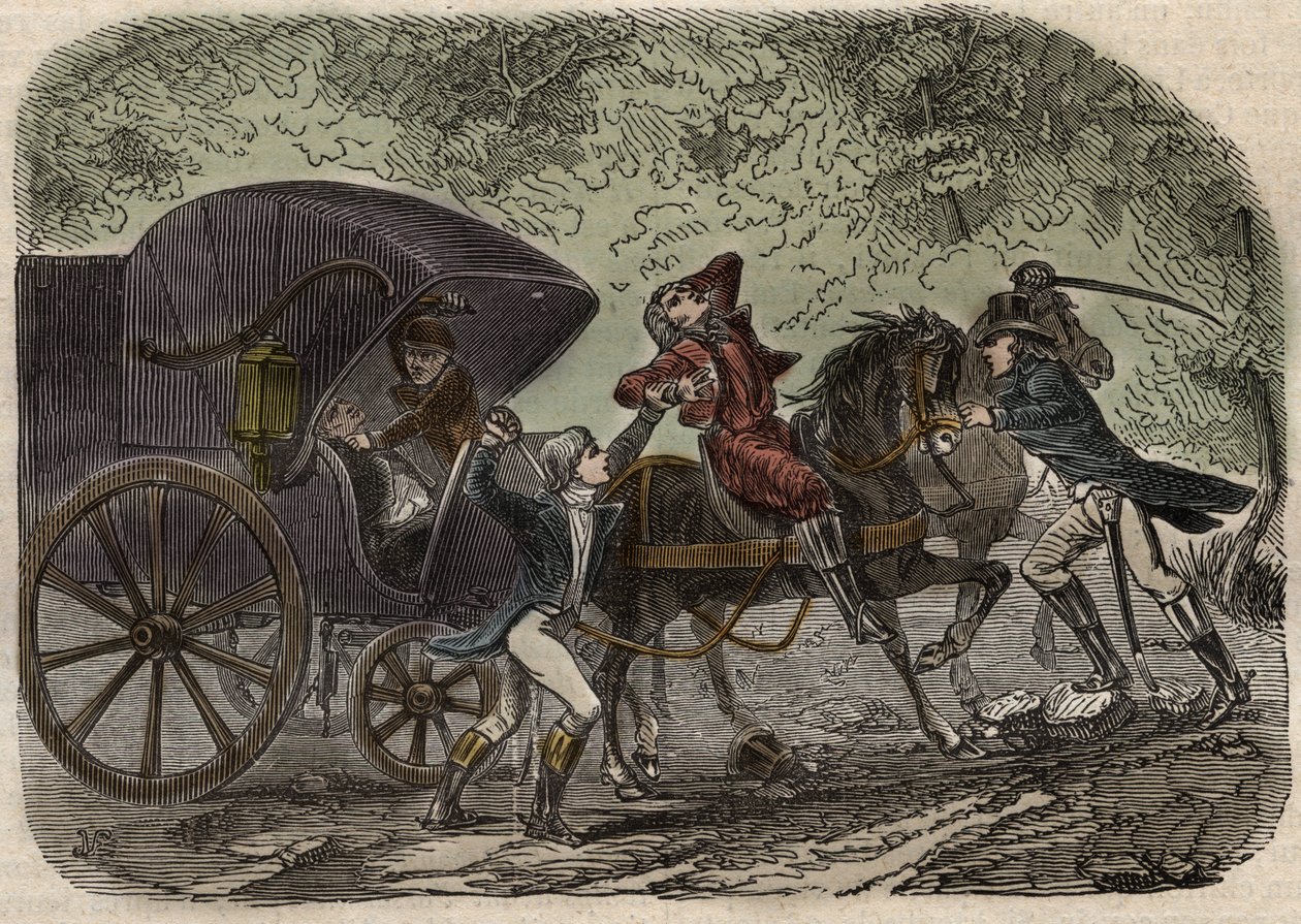 リヨン郵便局事件 - Affaire du courrier de Lyon - la malle-poste est attacked en Seine et Marne by 5 individuals on 28 April 1796 - Engraving in "Causes celebres de tous les peuples" by Armand Fouquier (1817-18?) 1858-1867 - private collection 作： フランス語学校