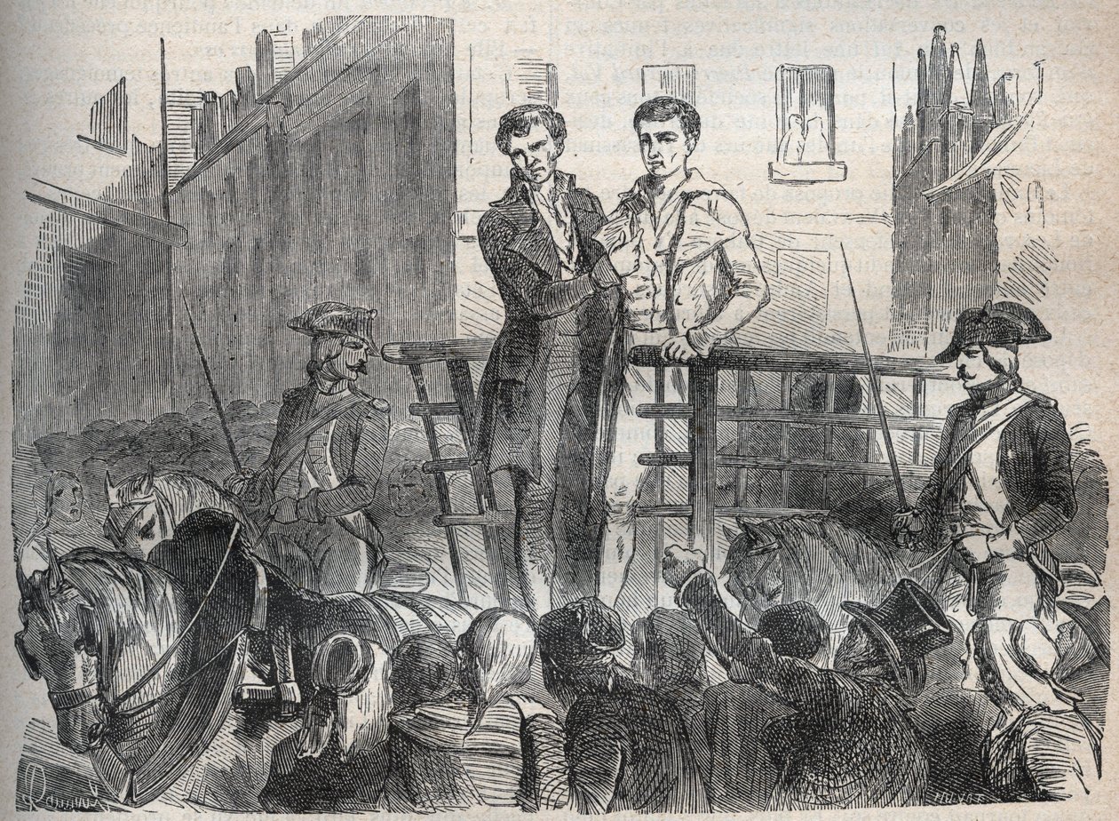 the Lyon mail post affair - Affaire du courrier de Lyon:1796年10月3日にギロチンにかけられるジョセフ・レシュルクとクーリオル - アルマン・フーキエ(1817-18?)の「Causes celebres de tous les peuples」に掲載されたエングレーヴィング（1858-1867） - 個人蔵 作： フランス語学校