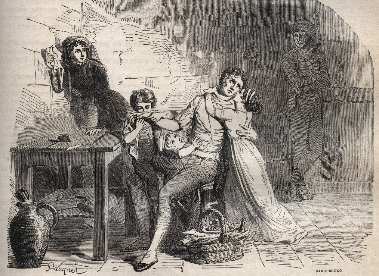 the Lyon mail post affair - Case du courrier de Lyon:ジョセフ・レシュルクの家族への別れ：1796年のリヨン郵便の事件に関わったとされる彼は、リヨンの郵便局のトランクを襲ったという誤った容疑をかけられ、ギロチンにかけられた - " のエングレーヴィング。 作： フランス語学校