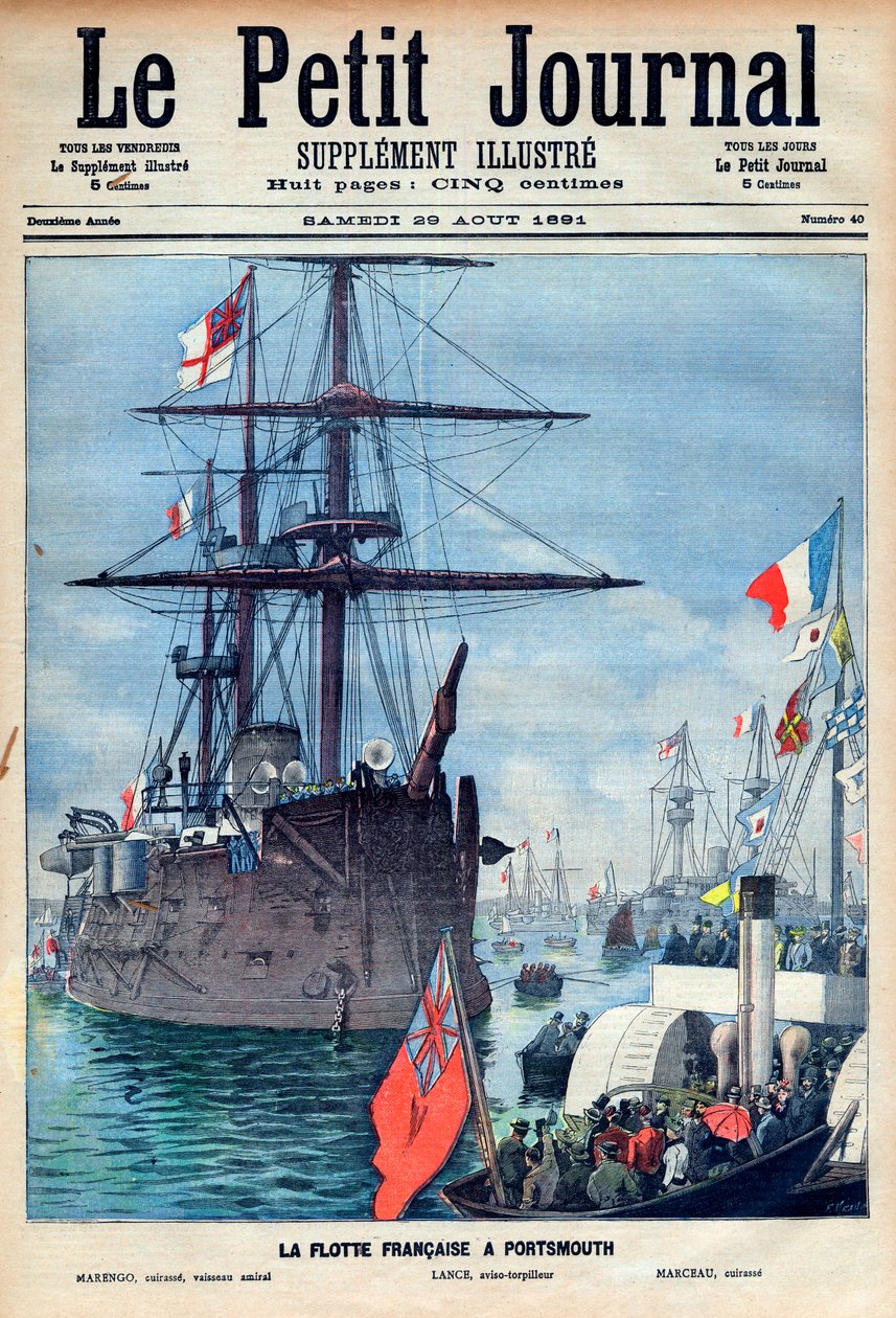 ポーツマスのフランス艦隊：旗艦「マレンゴ」、ラヴィソ魚雷「ランス」、戦艦「マルソー」、1891年8月29日付「プチ・ジャーナル」の第一面（エングレーヴィング 作： フランス語学校