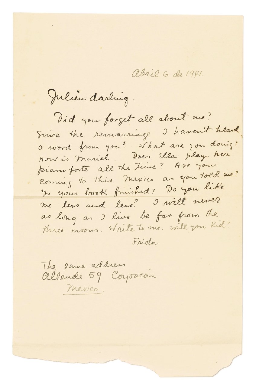 1941年4月6日、コヨアカン、フリアン［レヴィ］宛、サイン入り自筆書簡（「フリーダ」）（紙にペン・インク） 作： フリーダ・カーロ
