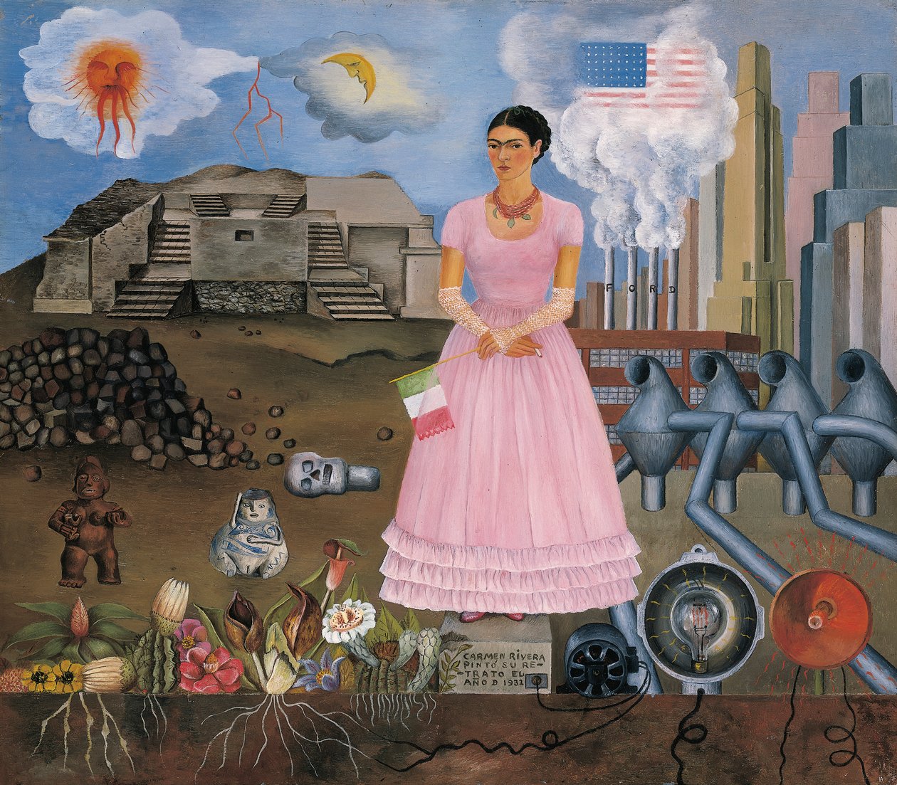 メキシコとアメリカの国境線上の自画像