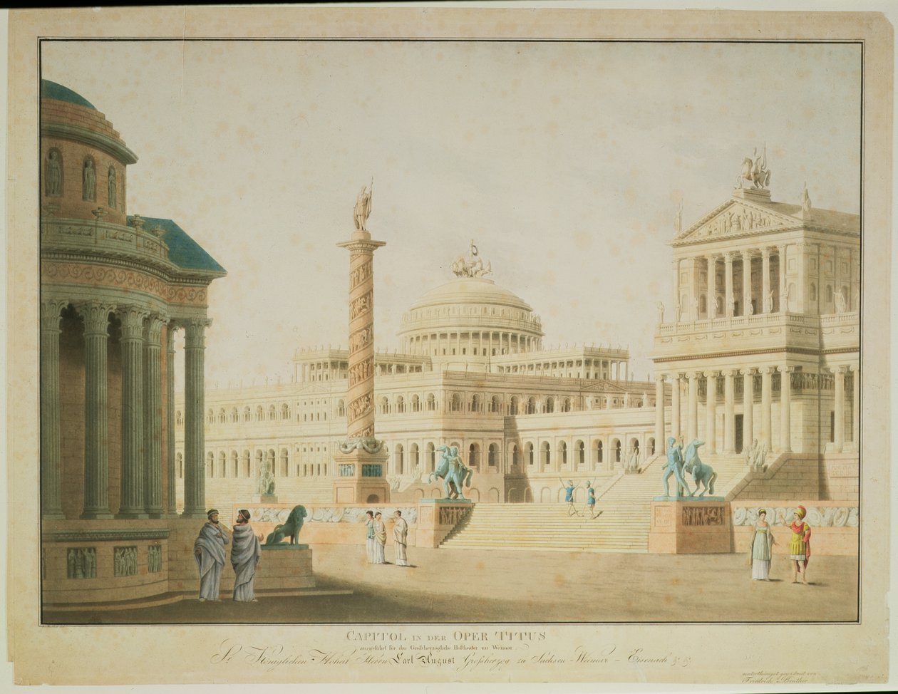 国会議事堂、「タイタス」のセットデザイン、ヴォルフガングアマデウスモーツァルト（1756-91）、アーティスト、1815年に彫刻されたウィーンのHoftheaterでアントンジェナストが演じたパフォーマンス 作： フリードリヒ・ブザー