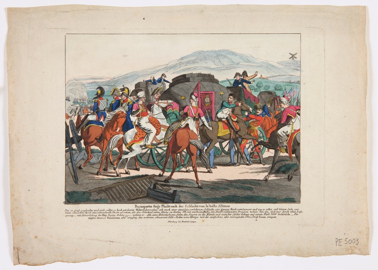 ウォータールーの戦いからのナポレオンの飛行、1815年（色のエッチング） 作： フリードリヒ・カンペ
