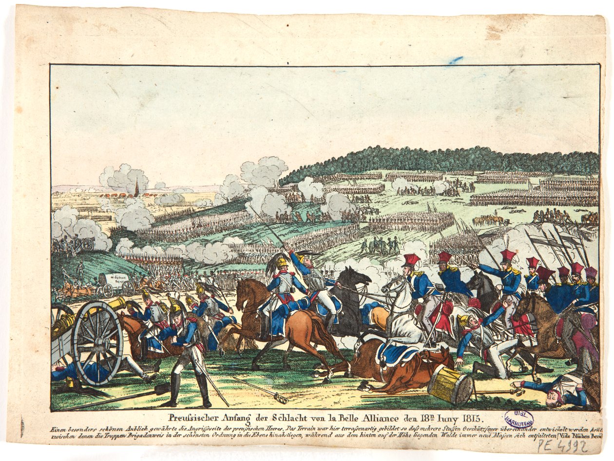 1815年6月18日、1815年、プロイセン側、ウォータールーの戦いの始まり 作： フリードリヒ・カンペ