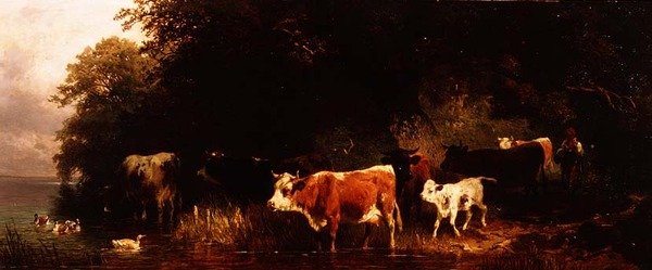 森に囲まれた川の風景と牛飼い、牛の水やり 作： フリードリヒ・ヨハン・ボルツ