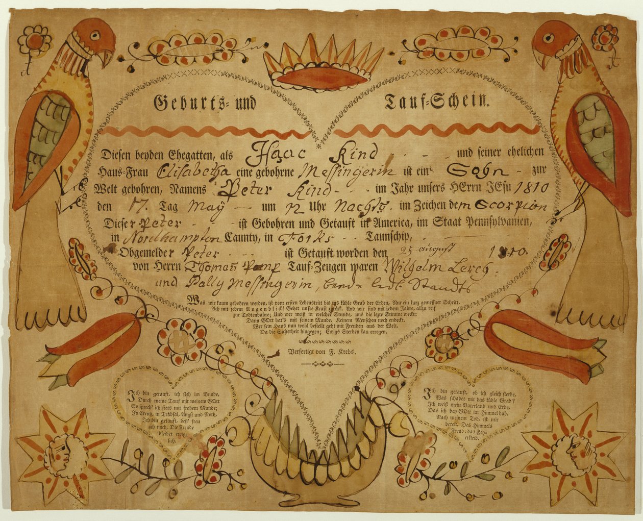 出生および洗礼証明書、c。 1790-1800（oxgallインク、水彩、および敷き紙への彫刻） 作： フリードリヒ・クレブス