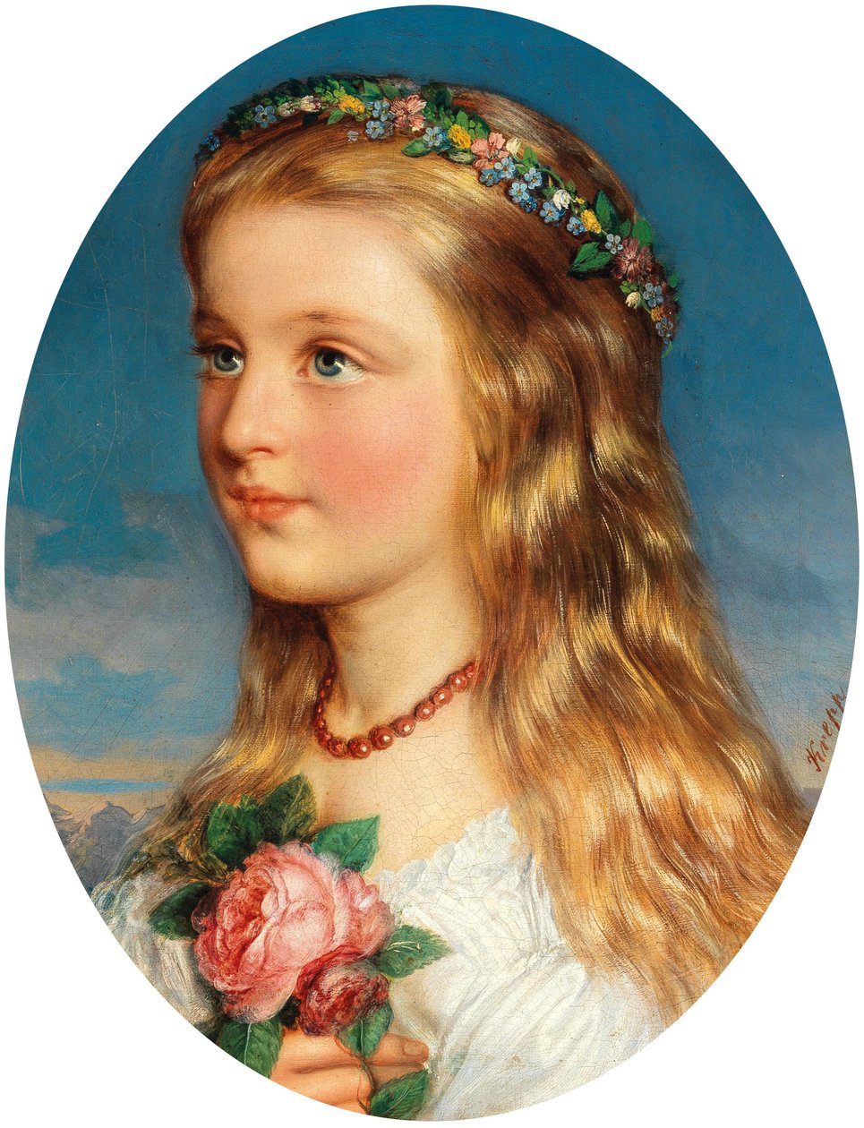 フリードリヒ・クレップ 花輪とバラの少女の肖像 作： フリードリッヒクレープ