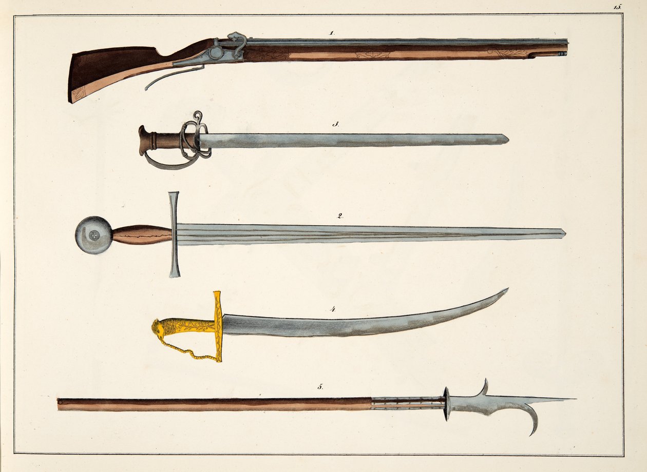 剣と槍を含む武器、1400年頃、「騎士道の発展と税関の歴史」のプレート、フランツコッテンカンプ博士、カールホフマン発行、1842年 作： フリードリヒ・マルティン・フォン・レイビッシュ