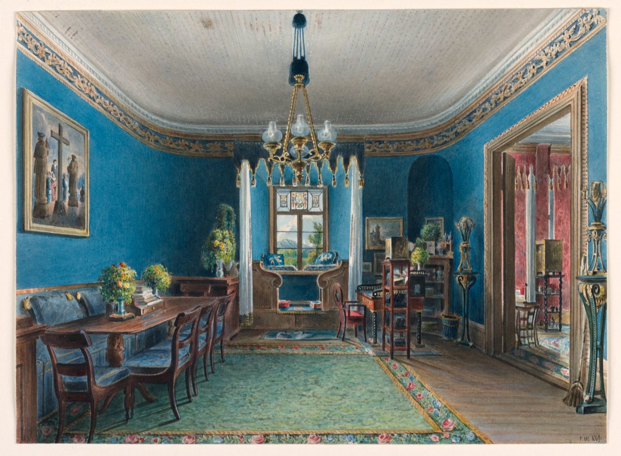 素描、青い部屋、フィッシュバッハ城、1846年 作： フリードリヒ・ヴィルヘルム・クローゼ
