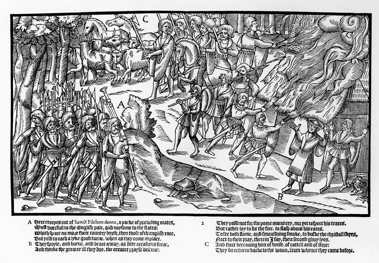 ハルバードと矛を持ち、笛吹きが率いるケルンの武装した一団が農家を襲って焼き、馬と牛を追い払う（ジョン・デリッケ作「アイルランドのイメージ」より、プレート2 作： フリードリヒ・ファン・フルセン