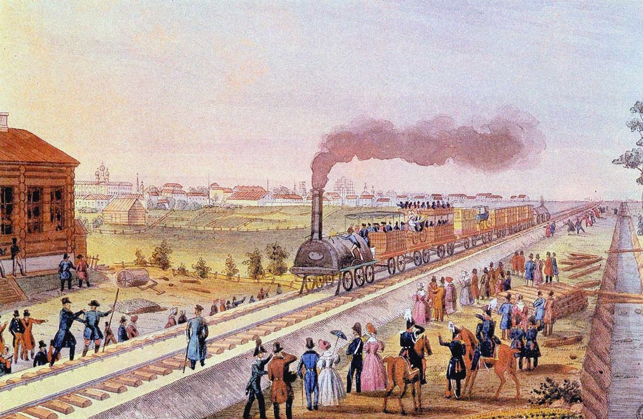 1837 年 10 月 30 日、サンクトペテルブルクからツァールスコエ セローへの始発列車の到着 作： フリードリヒ・フォン・マルテンス