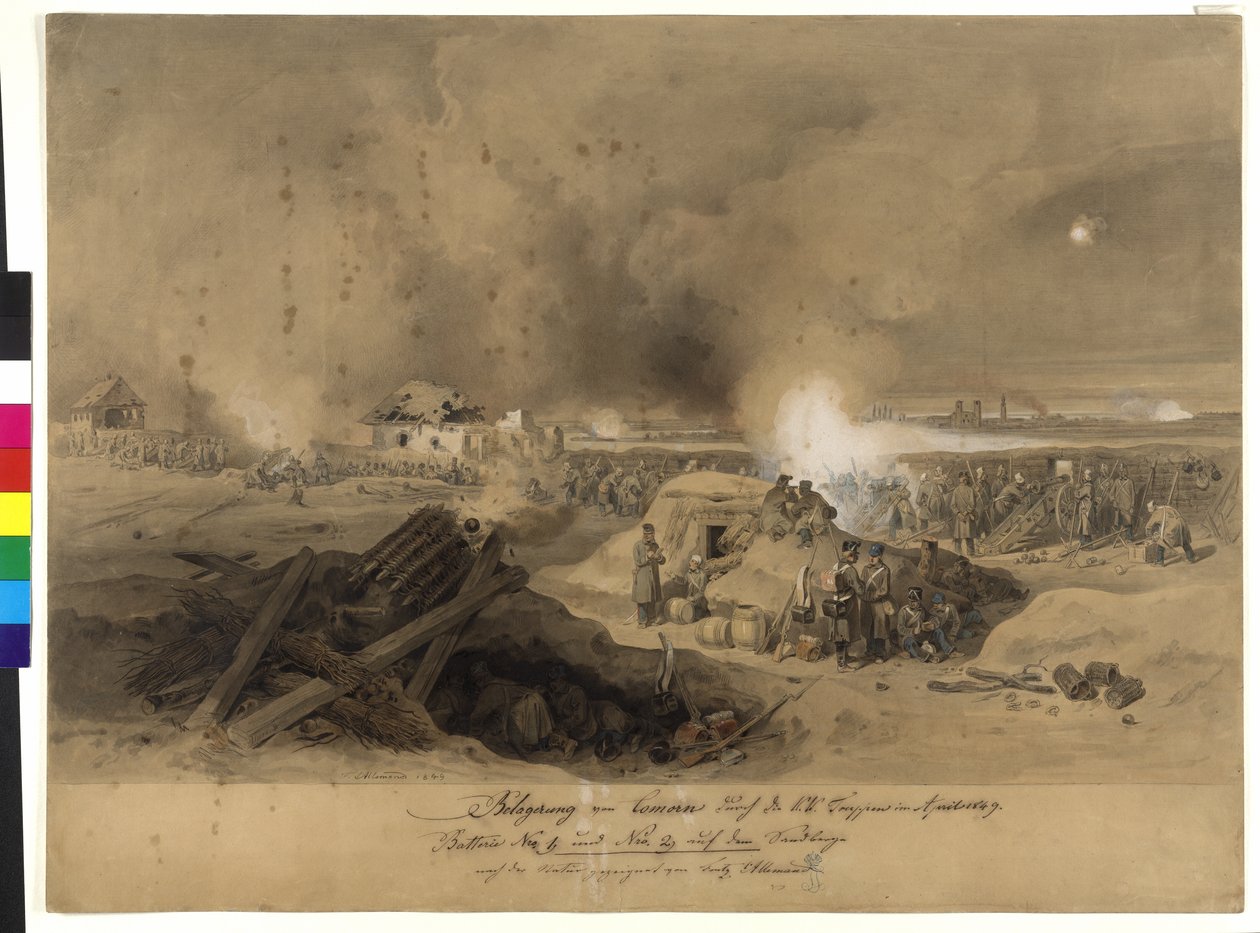 1849年4月、k.k.軍によるコモルン包囲戦（紙に水彩画） 作： フリッツ・ラレマンド