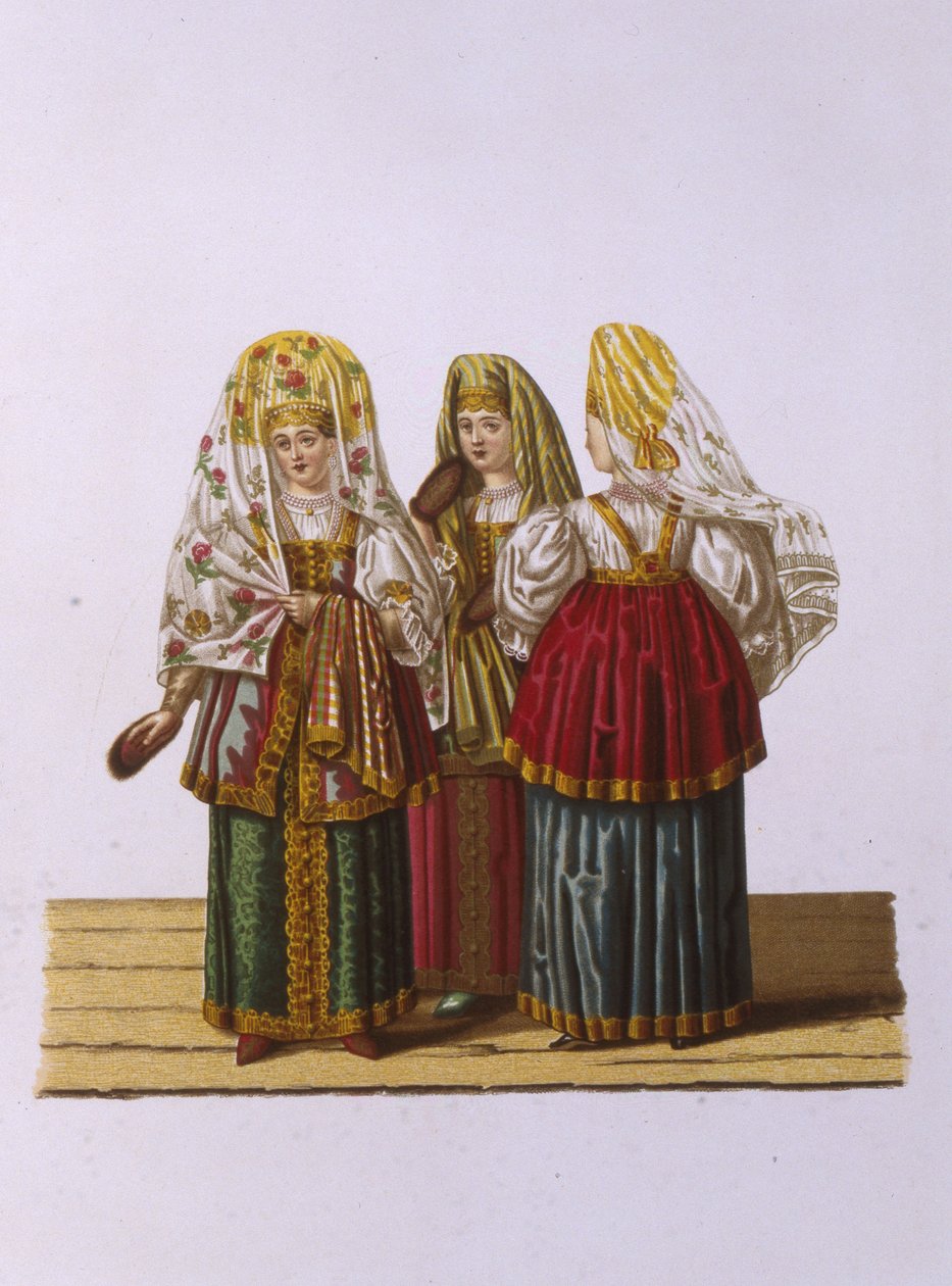 トヴェリの女性と乙女のコスチューム1851年のロシア国家の服シリーズから 作： フョードル・グリゴリエヴィッチ・ソルンツェフ