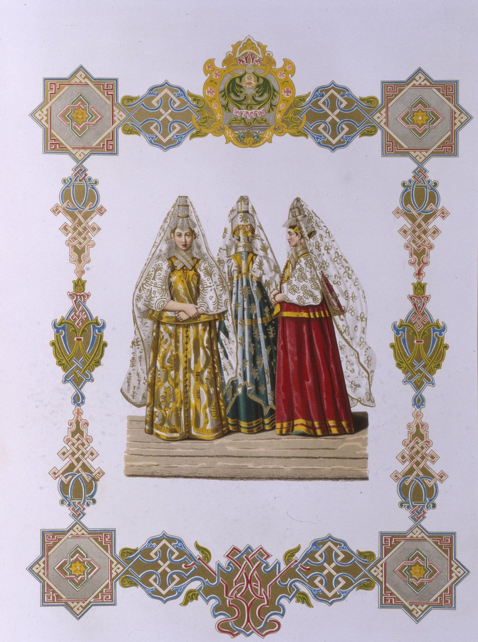 1851年のロシア国家の衣服シリーズからのトルジョークの女性の夏の衣装 作： フョードル・グリゴリエヴィッチ・ソルンツェフ