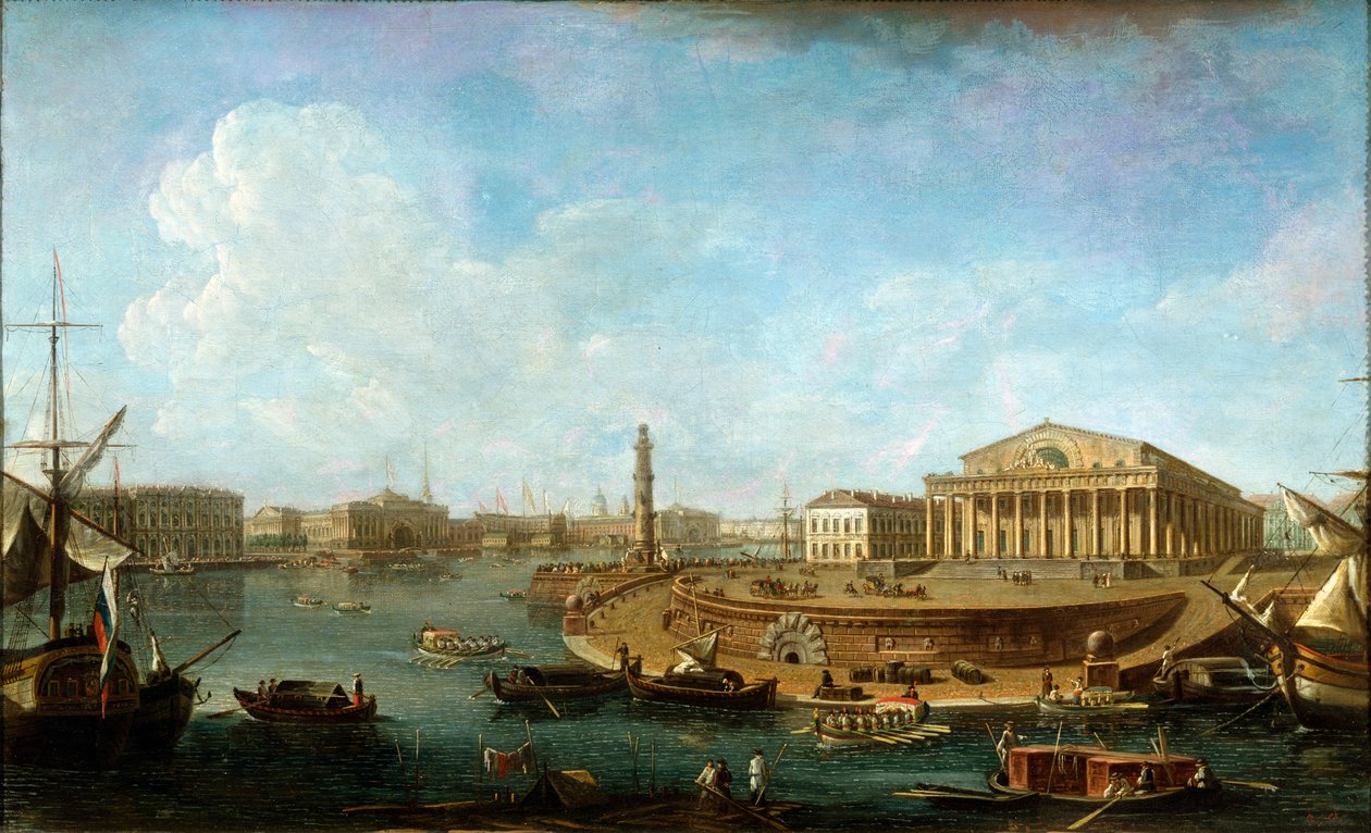 「ピーターとポールの要塞から見た証券取引所と海軍本部」、サンクトペテルブルク、1810 年。 作： フョードル・ヤコブレビッチ・アレクセエフ